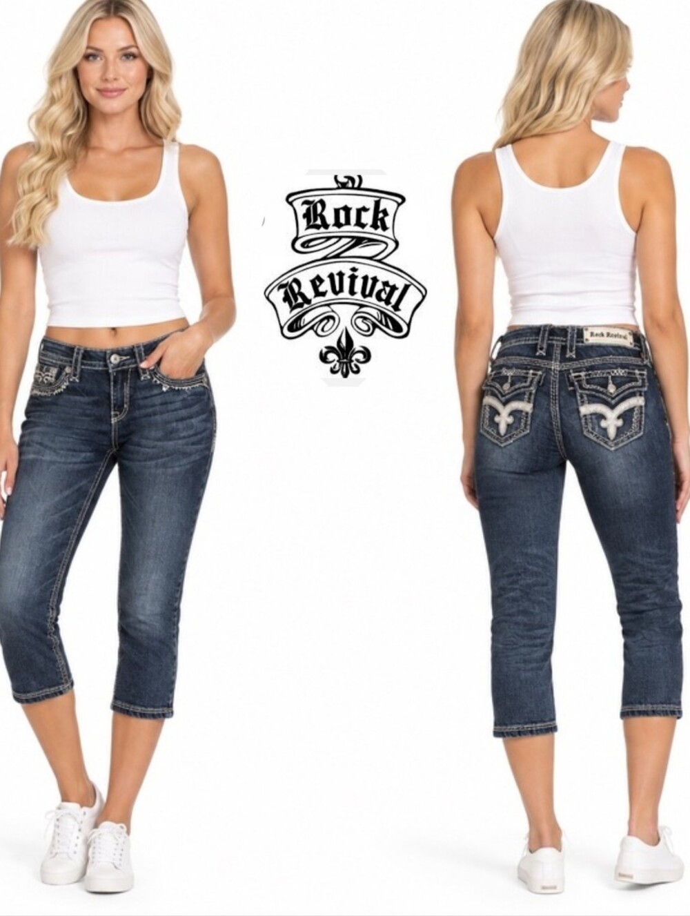 Rock Revival Dark Blue Capri Jeans with Embroidered Pockets (Serena)